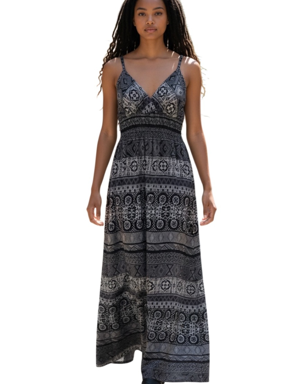 She's Cool Black & Gray Patterned Maxi Dress with Smocked Waist